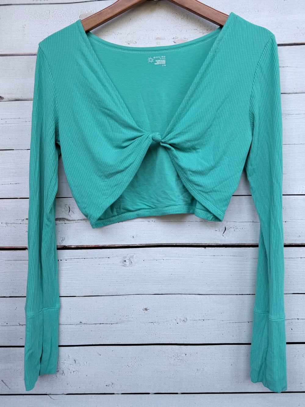 OFFLINE by Aerie Ribbed Cinch Twist Front Thumbs Up Bow Crop Top - Large
